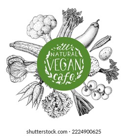 Vegan food label. Hand drawn vector illustration. Menu design template. Vegan food sketch. Vintage design template. Product design. Great for packaging, recipe book, menu. Vegetarian food sketch.