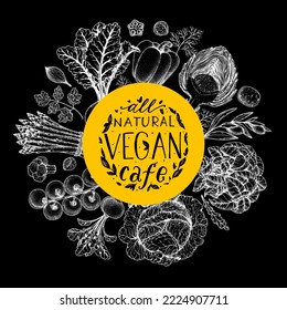 Vegan food label. Hand drawn vector illustration. Menu design template. Vegan food sketch. Vintage design template. Product design. Great for packaging, recipe book, menu. Vegetarian food sketch.