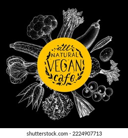 Vegan food label. Hand drawn vector illustration. Menu design template. Vegan food sketch. Vintage design template. Product design. Great for packaging, recipe book, menu. Vegetarian food sketch.