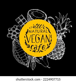 Vegan food label. Hand drawn vector illustration. Menu design template. Vegan food sketch. Vintage design template. Product design. Great for packaging, recipe book, menu. Vegetarian food sketch.