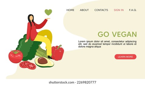Vegan food landing page with character and vegetables