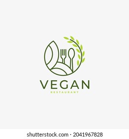 vegan food leaf nature concept logo linear