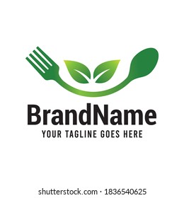 vegan food with leaf spoon and fork logo icon vector template.