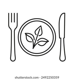 Vegan Food Line Icon with Fork And Knife With Leaf On Plate, Symbolizing Healthy Eating And Plant Based Diet. Vegetarian Nutrition Concept. Isolated Vector Illustration.