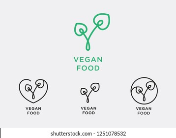 VEGAN FOOD LOGO. CRUELTY FREE AND NO MEAT. ORGANIC FOOD AND HEALTHY LIFESTYLE. 100% VEGAN AND NATURAL COSMETICS.