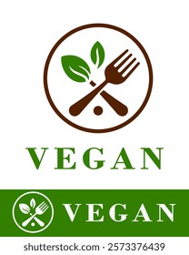 A vegan food logo design featuring a green leaf, fork, and spoon in a circular frame