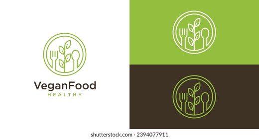 Vegan Food Logo Design. Fork Spoon Plate Tree Leaves Combination Concept. Restaurant Logo For Diet Menu. Icon Symbol Vector Illustration.