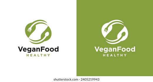 Vegan Food Logo Design. Fork and Spoon Leaf Concept. Logo For Restaurant Healthy Diet Menu. Logo Design Template.