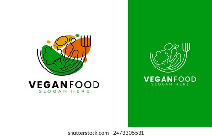 Diseño de logo de comida vegana. Símbolo vegetal con tazón, tenedor y colorido concepto de forma abstracta. Icono de comida saludable para vegetarianos