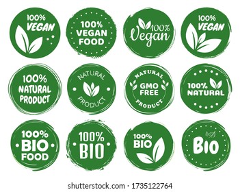 Vegan food logo labels and tags. Vegetarian eco, natural product green concept. Vector hand drawn illustration.