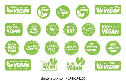 Vegan food logo labels and tags. Vegetarian eco, natural product green concept. Vector hand drawn illustration.