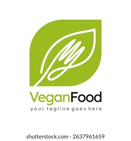 Vegan Food Logo with Leaf and Fork Line Art style. Vector Illustration