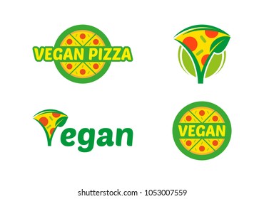 Vegan food logo mascot icon vector set design. Green logo isolated white background. Healthy fresh light eco vegetarian 100% natural vegan eat big hot italy pizza. Modern vector style illustration.