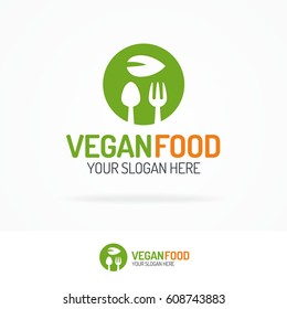Vegan food logo set consisting of silhouette spoon, fork and leaf on green circle for use organic shop