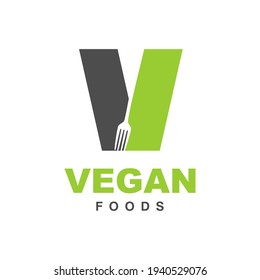 Vegan Food Logo Symbol V initial Letter and Fork Symbol