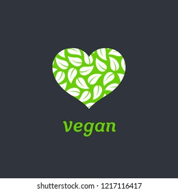 Vegan food. Logos or label  with leaves. Hearts with lettering. Vector symbols of love in shape of heart for natural eat. Sticker,label,tag. Vector illustration.