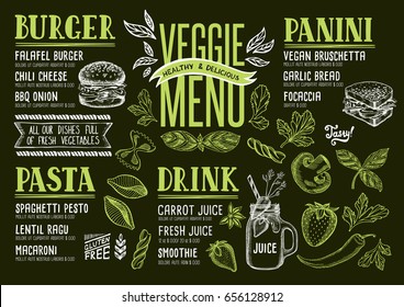 Vegan Food Menu For Restaurant And Cafe. Design Template With Hand-drawn Graphic Elements In Doodle Style.