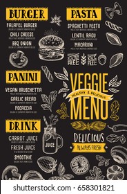 Menú de comida vegana para restaurante y cafetería. Plantilla de diseño con elementos gráficos dibujados a mano en estilo doodle.