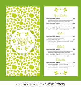 Vegan Food Menu Template with Main Dishes, Salads and Desserts Vector Illustration