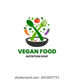 Vegan Food Nutrition Soup Healthy organic. Cooking Vegetarian Vegetables, fruits, green, creative vector illustration logo design
