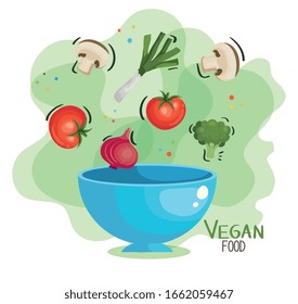 vegan food poster with bowl and vegetables vector illustration design