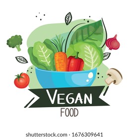 vegan food poster with bowl and vegetables vector illustration design