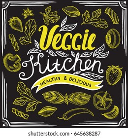 Vegan food poster for restaurant and cafe. Design with hand-drawn graphic elements in doodle style.