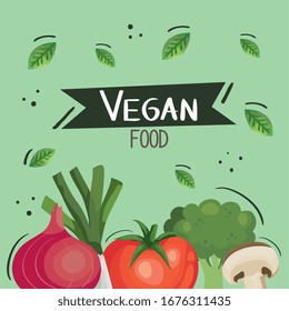 vegan food poster with tomato and vegetables vector illustration design