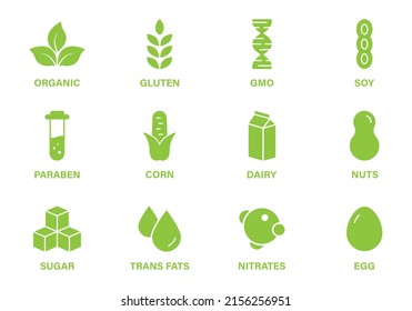 Vegan Food Product Silhouette Green Icon Set. Organic Allergy Ingredient Sign. Gluten, Sugar, Trans Fat, Corn, GMO, Dairy, Nitrates, Soy, Milk, Nuts, Egg and Paraben. Isolated Vector Illustration.