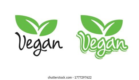 Vegan food products marking stamp with plant leaf and calligraphic lettering - isolated vector emblem