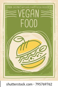 Vegan Food Promotional Banner Design With Vegan Burger With Green Leaves And Sprouts. Healthy Eating Poster Template For Vegetarian Restaurant. Vector Line Art Illustration.