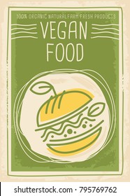 Vegan food promotional banner design with vegan burger with green leaves and sprouts. Healthy eating poster template for vegetarian restaurant. Vector line art illustration.