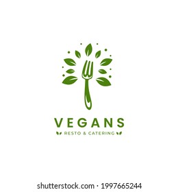 Vegan food restaurant and catering logo with Fork and green leaves icon symbol