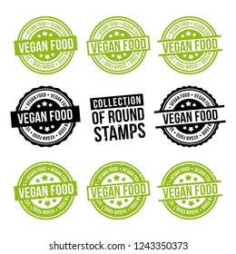 Vegan Food round stamp collection. Badges set. Eps10 vector.