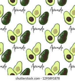Vegan food seamless pattern with avocado slice. Eco vegetarian meal design. Digital watercolor illustration on white background. Hand drawn outline illustration with fill color.