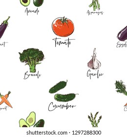 Vegan food seamless pattern with avocado, cucumber, tomato, garlic, broccoli, asparagus, eggplant, carrot. Eco vegetarian meal design. Hand drawn outline illustration with fill color.