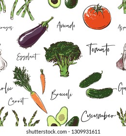 Vegan food seamless pattern with avocado, cucumber, tomato, garlic, broccoli, asparagus, eggplant, carrot. Eco vegetarian meal design. Hand drawn outline illustration with fill color.