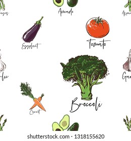 Vegan food seamless pattern with avocado, cucumber, tomato, garlic, broccoli, asparagus, eggplant, carrot. Eco vegetarian meal design. Hand drawn outline illustration with fill color.