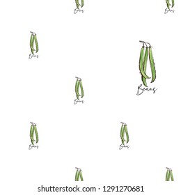 Vegan food seamless pattern with bean string. Eco vegetarian meal design. Digital watercolor illustration on white background. Hand drawn outline illustration with fill color.