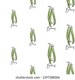 Vegan food seamless pattern with bean string. Eco vegetarian meal design. Digital watercolor illustration on white background. Hand drawn outline illustration with fill color.