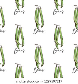 Vegan food seamless pattern with bean string. Eco vegetarian meal design. Digital watercolor illustration on white background. Hand drawn outline illustration with fill color.