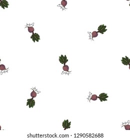 Vegan food seamless pattern with beetroot. Eco vegetarian meal design. Hand drawn outline illustration with fill color. Digital watercolor illustration on white background.
