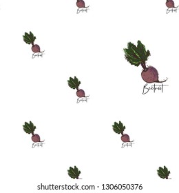 Vegan food seamless pattern with beetroot. Eco vegetarian meal design. Hand drawn outline illustration with fill color. Digital watercolor illustration on white background.