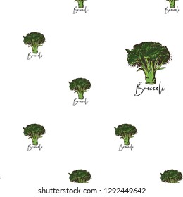Vegan food seamless pattern with broccoli. Eco vegetarian meal design. Digital watercolor illustration on white background. Hand drawn outline illustration with fill color.