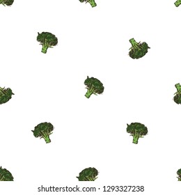 Vegan food seamless pattern with broccoli. Eco vegetarian meal design. Digital watercolor illustration on white background. Hand drawn outline illustration with fill color.