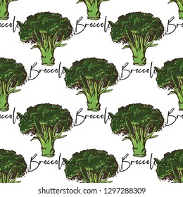 Vegan food seamless pattern with broccoli. Eco vegetarian meal design. Digital watercolor illustration on white background. Hand drawn outline illustration with fill color.