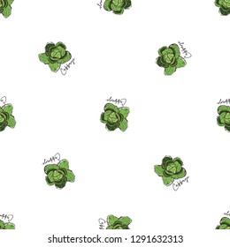 Vegan food seamless pattern with cabbage. Digital watercolor illustration on white background. Eco vegetarian meal design. Hand drawn outline illustration with fill color.