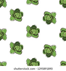 Vegan food seamless pattern with cabbage. Digital watercolor illustration on white background. Eco vegetarian meal design. Hand drawn outline illustration with fill color.