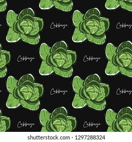 Vegan food seamless pattern with cabbage. Digital watercolor illustration on black background. Eco vegetarian meal design. Hand drawn outline illustration with fill color.