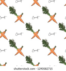 Vegan food seamless pattern with carrot. Eco vegetarian meal design. Digital watercolor illustration on white background. Hand drawn outline illustration with fill color.